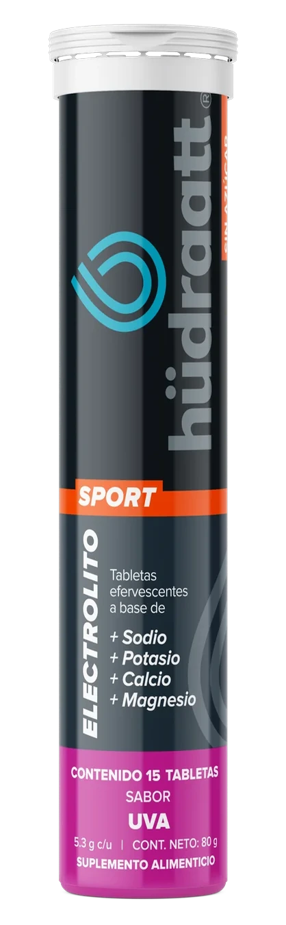 Tubo de Hudraatt Sport Electrolito sabor uva con 15 tabletas efervescentes de sodio, potasio, calcio y magnesio