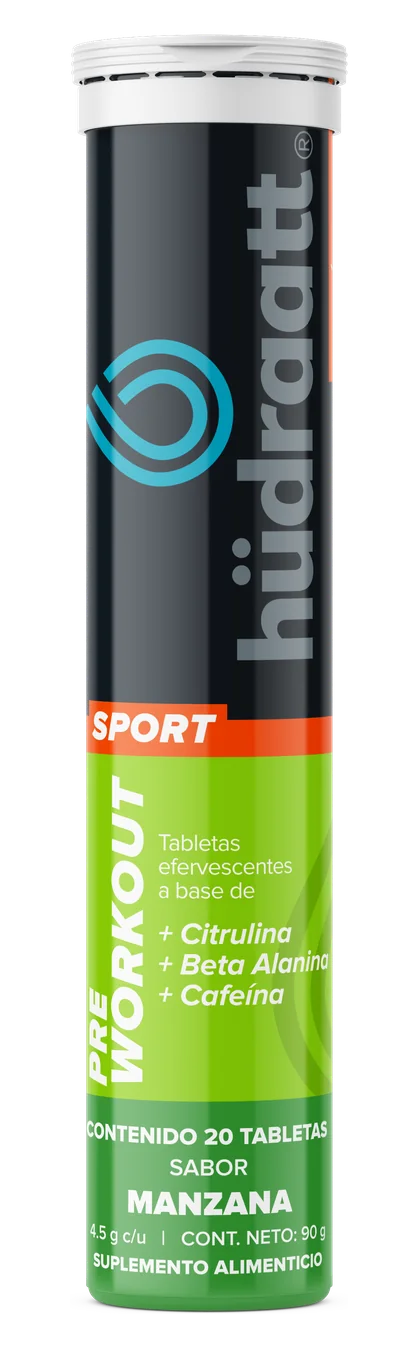 Tubo de Hudraatt Sport Pre-workout sabor manzana con 20 tabletas efervescentes de citrulina, beta alanina y cafeína